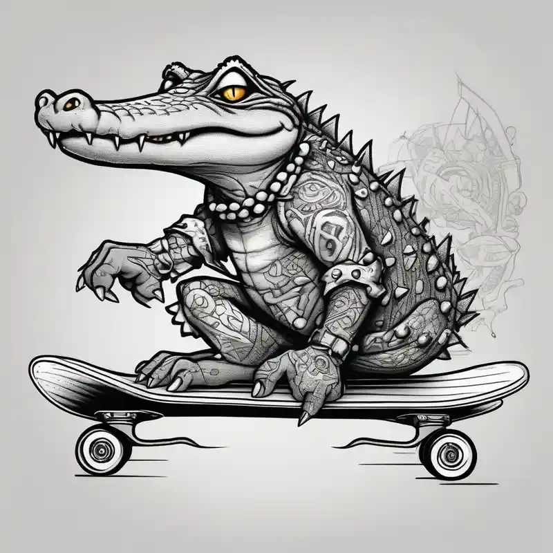 crocodile riding a skateboard with piercings and tattoos drake tattoos – Sketch, Vibrant color